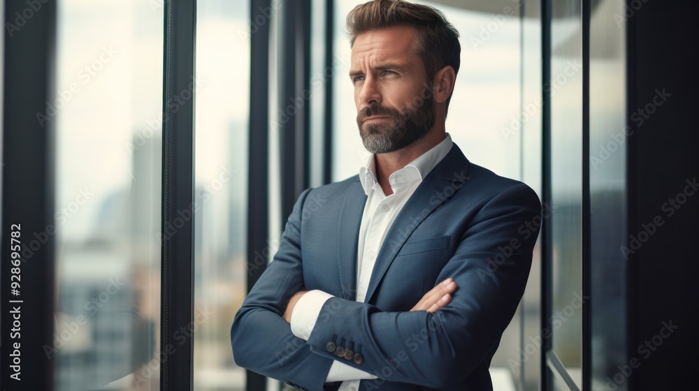 A confident businessman in a sleek office setting, arms crossed A confident businessman in a sleek office setting, arms crossed