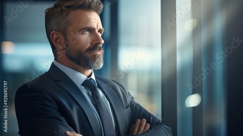 A confident businessman in a sleek office setting, arms crossed