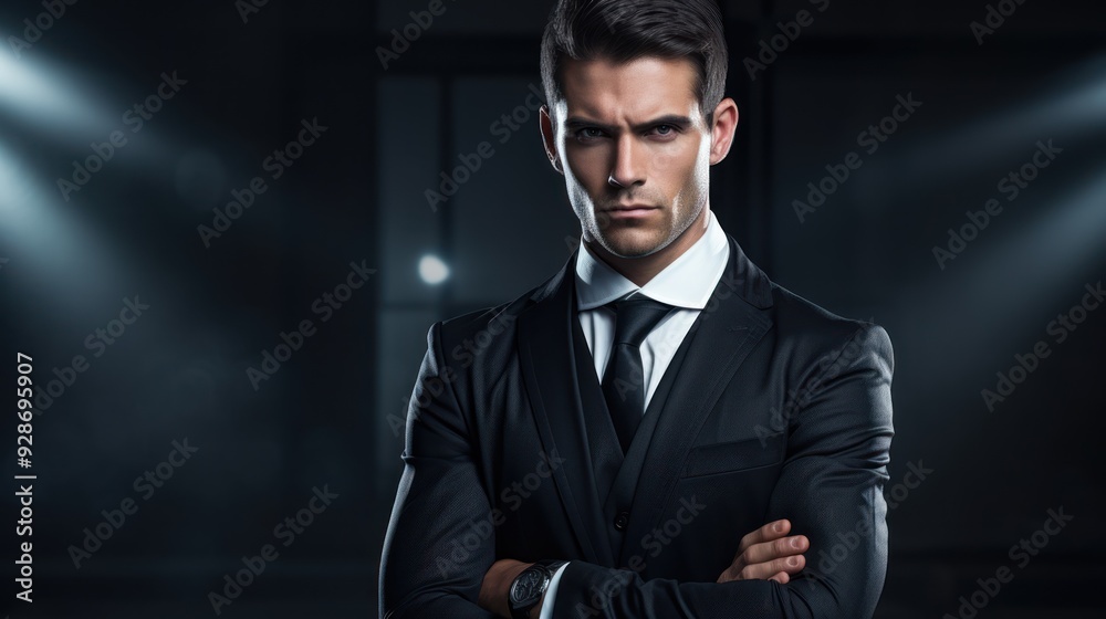 A confident businessman in a sleek suit, standing with his arms crossed, A confident businessman in a sleek suit, standing with his arms crossed,