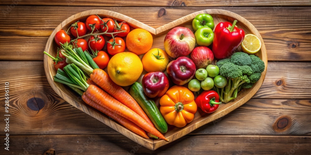 Heart of Health Vibrant Fruits and Vegetables in a Wooden Bowl, healthy eating, fresh produce, nutrition, diet Heart of Health Vibrant Fruits and Vegetables in a Wooden Bowl, healthy eating, fresh produce, nutrition, diet