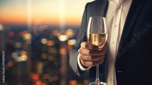 A confident individual in a tailored suit holding a glass of champagne,  photo