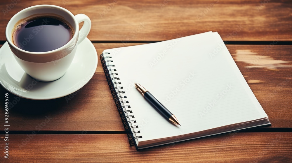 A cup of coffee with scattered paper clips and a planner on wooden desktop A cup of coffee with scattered paper clips and a planner on wooden desktop