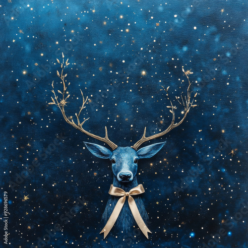 Starry sky mockup with reindeer tied with ribbon 