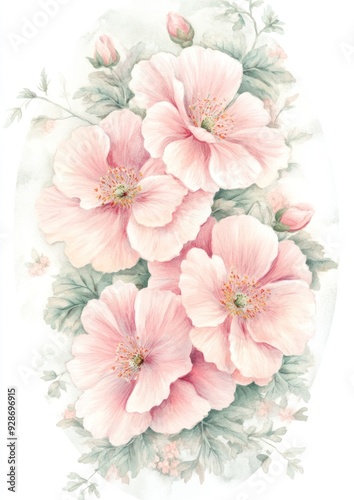 A delicate illustration of pink flowers surrounded by soft green leaves.