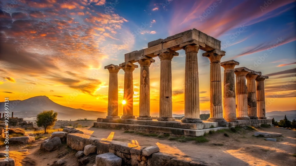 Obraz premium Ruins of temple of Apollo at sunset in Ancient Corinth, Greece , ancient, ruins, temple, Apollo, sunset