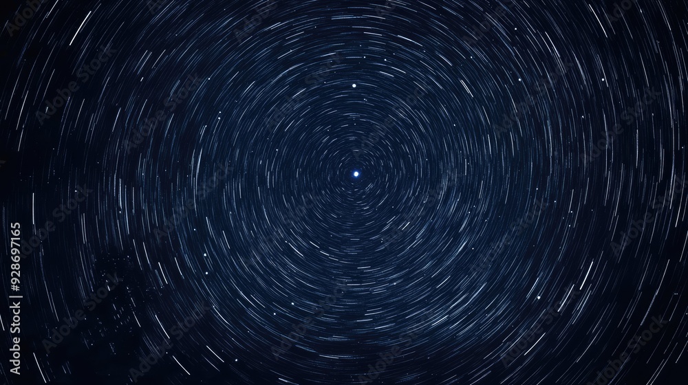 A stunning night sky filled with concentric star trails circling around the North Star, capturing the beauty of celestial motion. A stunning night sky filled with concentric star trails circling around the North Star, capturing the beauty of celestial motion.
