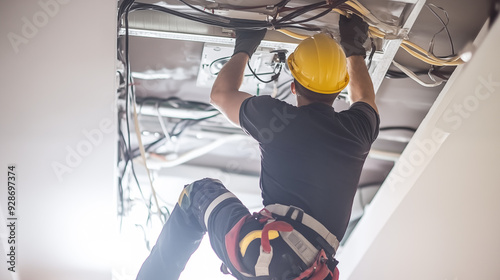 Male worker installing electric cables during housing repair. Electrician renovating a house. photo