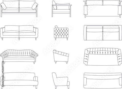 A set of sofa models with a view from three angels