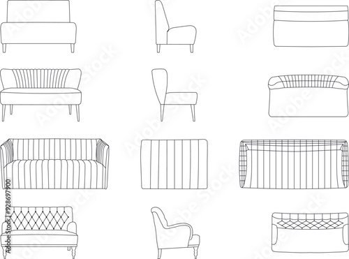 A set of sofa models with a view from three angels