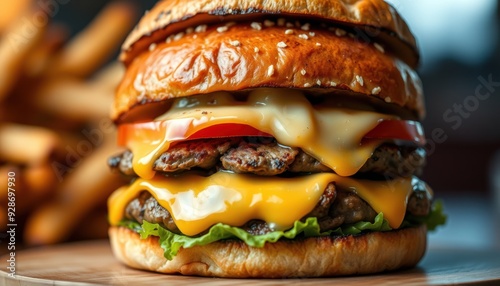 Juicy cheeseburger with golden fries, classic fast food meal isolated on white photo