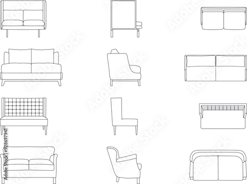 A set of sofa models with a view from three angels