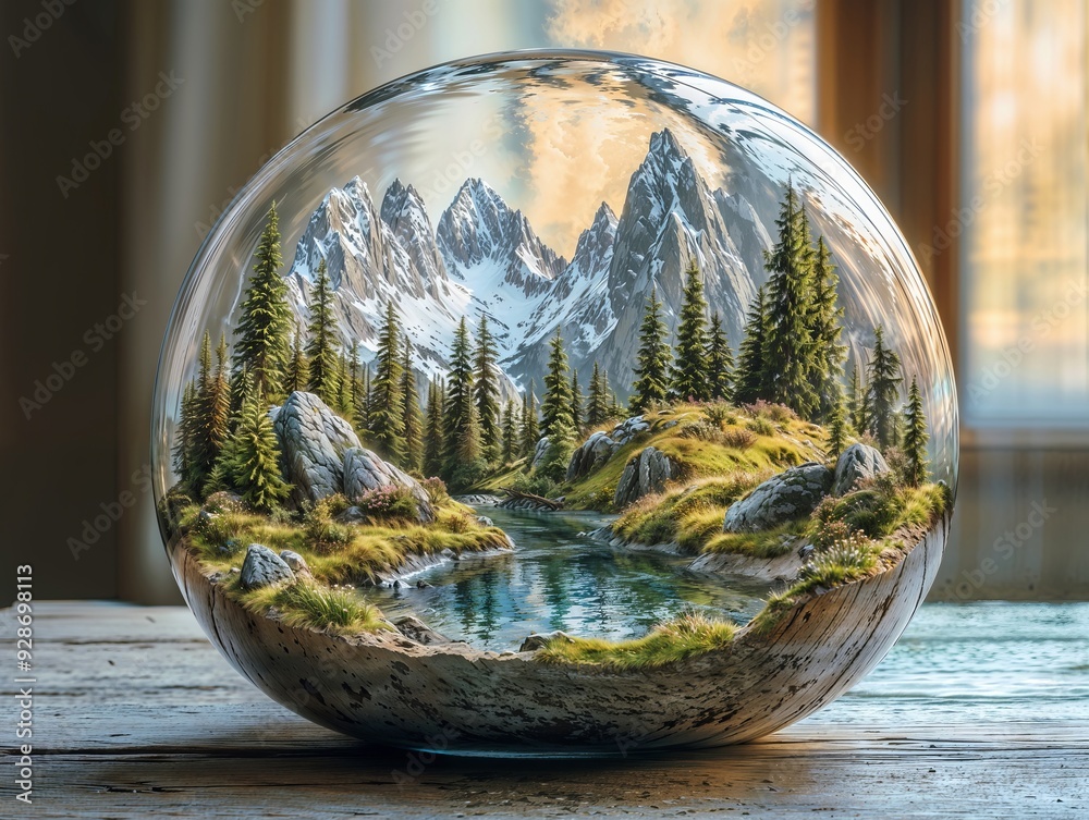 Stunning Miniature Mountain Landscape in Glass Sphere on Rustic Table Stunning Miniature Mountain Landscape in Glass Sphere on Rustic Table