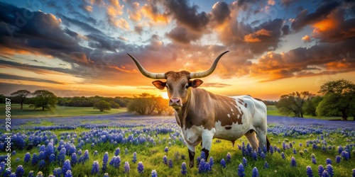 Longhorn in Bluebonnet Field at Sunset, Texas, Bluebonnets, Longhorn, Sunset, Texas Landscape