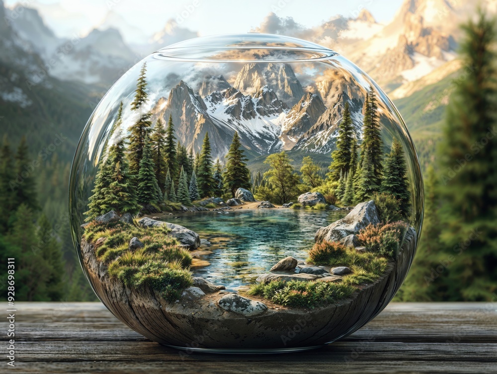 Captivating Mountain Landscape Reflected in Glass Orb on Wooden Table Captivating Mountain Landscape Reflected in Glass Orb on Wooden Table