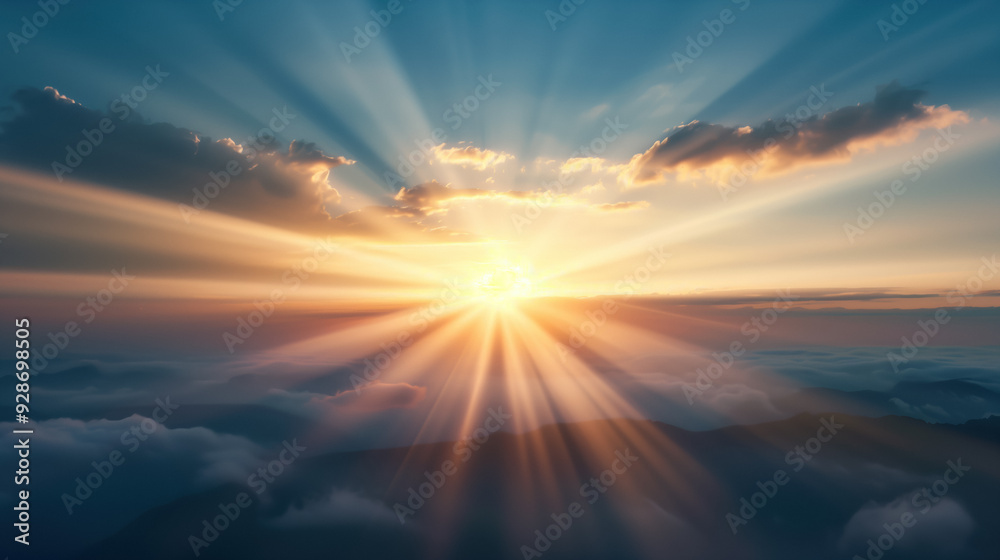 Fototapeta premium A stunning sunrise over mountains, with radiant beams of light piercing through the clouds, symbolizing hope, renewal, and divine presence.