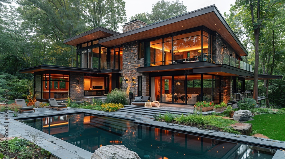 Modern house with swimming pool and lush greenery. Modern house with swimming pool and lush greenery.