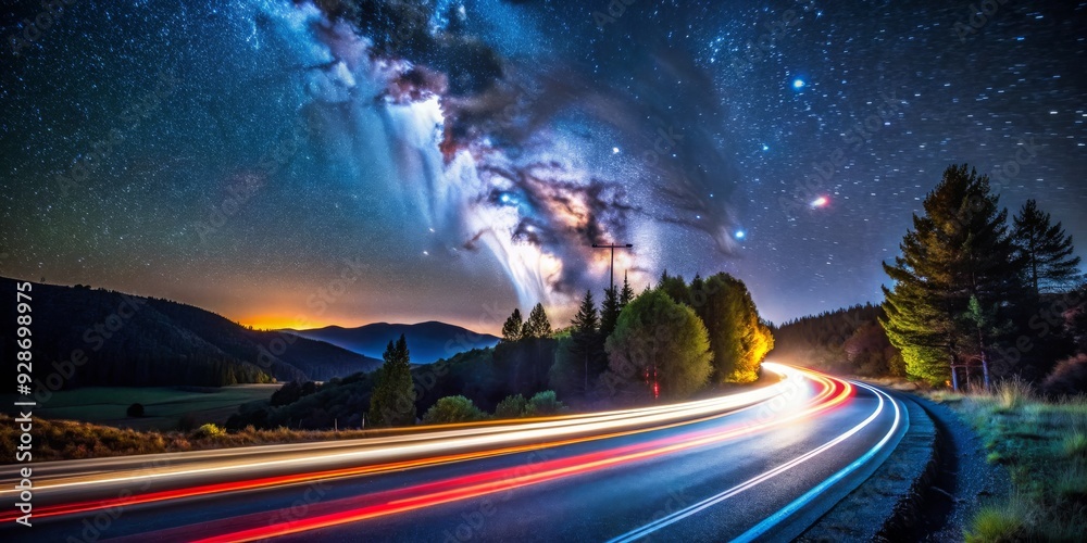 Fototapeta premium Milky Way Lights Up Night Road, Long Exposure, Night Sky, Starry Night, Road Trip