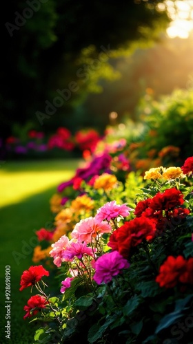 A vibrant flower garden basking in golden sunlight, showcasing diverse colors and beautiful blooms in a serene outdoor setting.