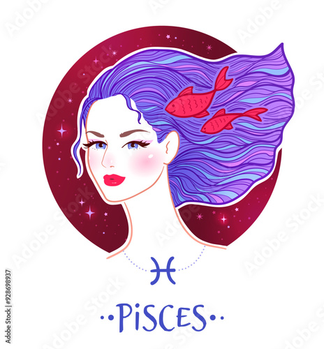 Vector colorful illustration of Pisces zodiac sign female portrait with starry sky background