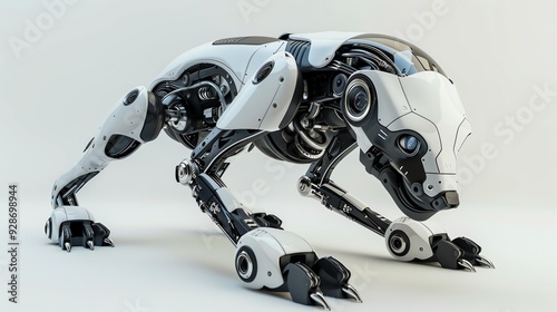 A futuristic, robotic dog in a white and black design is in a crouched position.