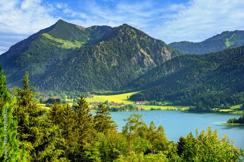 Wunderbarer Blick zum Berg Brecherspitz und Fischhausen am Schliersee im Voralpenland in Oberbayern, Deutschland, Europa photo