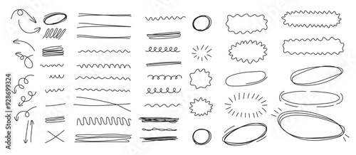 vector illustration featuring a set of scribble doodle underline emphasis lines.