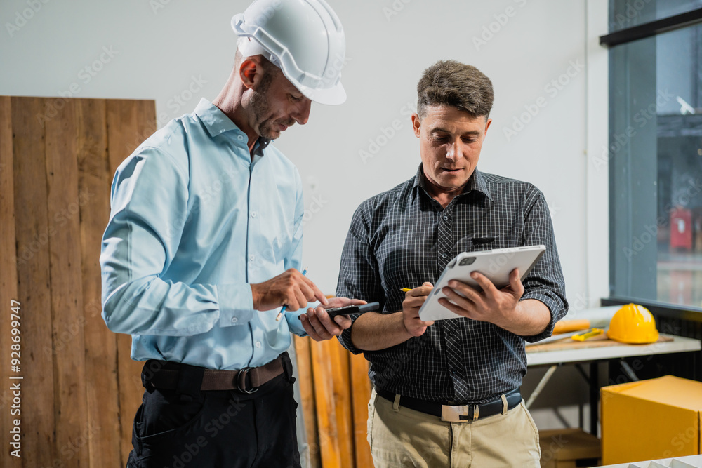 A Caucasian middle-aged male engineer contractor and an Italian architect engineer are seated at a desk, discussing renovation plans with blueprints and a house model in front of them. A Caucasian middle-aged male engineer contractor and an Italian architect engineer are seated at a desk, discussing renovation plans with blueprints and a house model in front of them.