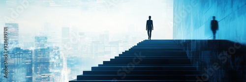 Ascent to Achievement: The Silhouette of a Person Climbing Steps Against a Patterned Urban Landscape, Symbolizing Progress and Success. photo