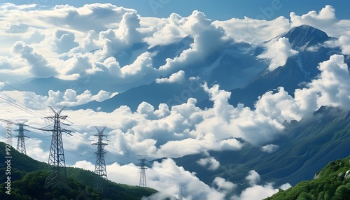 The magnificent landscape of mountains and power towers coexisting, and clouds spread on the top of the mountain, showing the breadth of nature and the power of mankind. photo