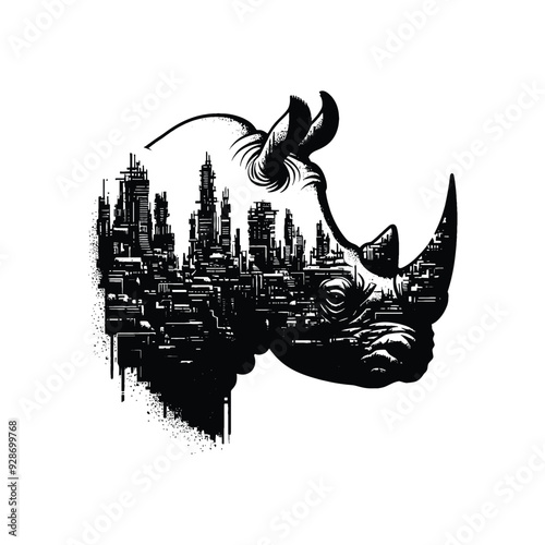 silhouette of Rhinoceros filled with destroyed futuristic dystopia environment in rough drawing,