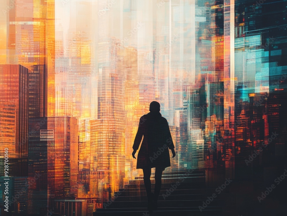 Ascent to Achievement: The Silhouette of a Person Climbing Steps Against a Patterned Urban Landscape, Symbolizing Progress and Success. Ascent to Achievement: The Silhouette of a Person Climbing Steps Against a Patterned Urban Landscape, Symbolizing Progress and Success.