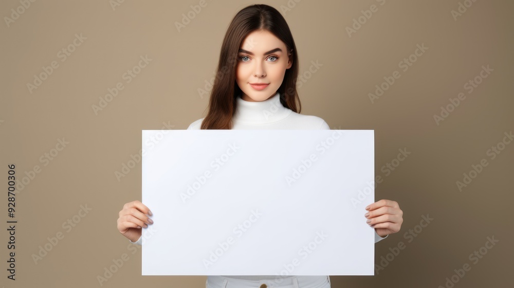 A professional woman showing a blank white mockup with a confident pose, 