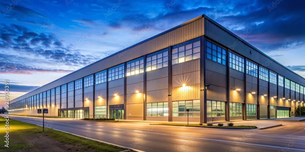 Obraz premium Modern Industrial Building with Large Windows at Dusk, Building Facade, Industrial Architecture, Night Photography, Commercial Real Estate
