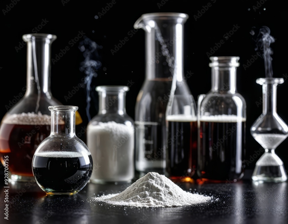 Chemistry Experiment Setup: A dramatic, dark still life showcasing various glass laboratory equipment, including beakers, flasks, and an hourglass. Chemistry Experiment Setup: A dramatic, dark still life showcasing various glass laboratory equipment, including beakers, flasks, and an hourglass.