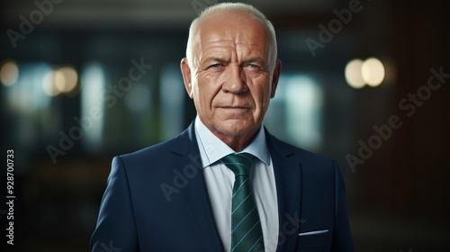 A senior businessman in a suit, confidently looking at the camera with a warm smile. 