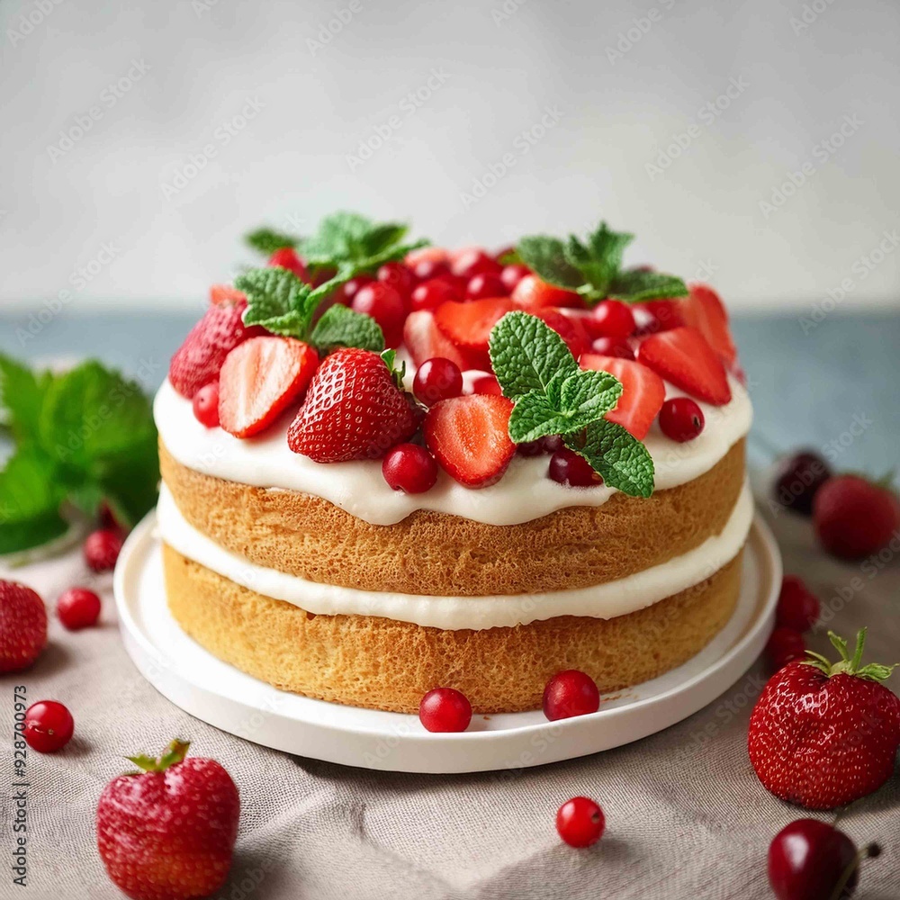 whole victoria sandwich cake, decorated with strawberries whole victoria sandwich cake, decorated with strawberries