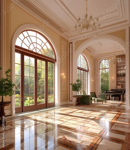 Elegant Interior Design with Arched Windows and Marble Floors