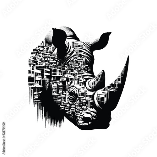 silhouette of Rhinoceros filled with ghetto street in rough drawing,