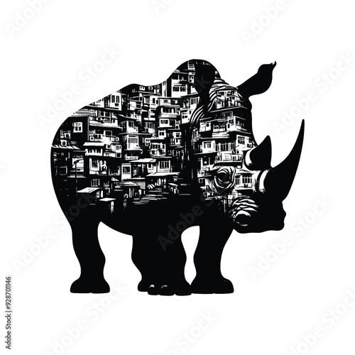 silhouette of Rhinoceros posefilled with ghetto street in rough drawing,