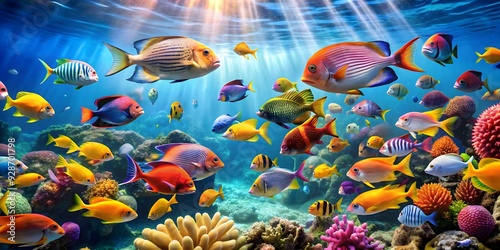 Beautiful underwater photo of colorful fish swimming in the sea, marine life, ocean, underwater, aquatic, tropical, wildlife