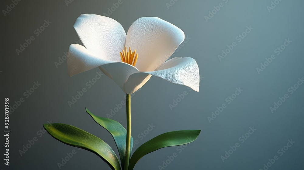 A white flower with a yellow center is the main focus of the image A white flower with a yellow center is the main focus of the image