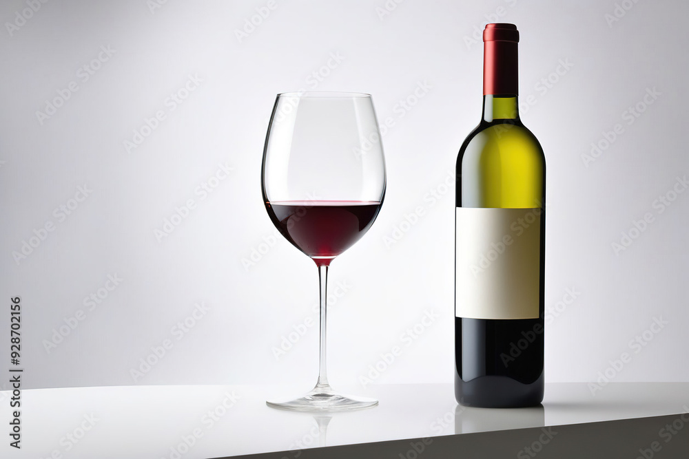 A glass of red wine and a wine bottle on a white surface.