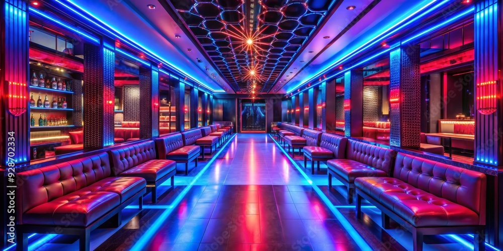 Neon Glow in a Modern Bar, Red Leather, Blue Lights, Interior Design, Nightlife Neon Glow in a Modern Bar, Red Leather, Blue Lights, Interior Design, Nightlife