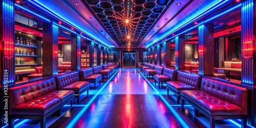 Neon Glow in a Modern Bar, Red Leather, Blue Lights, Interior Design, Nightlife