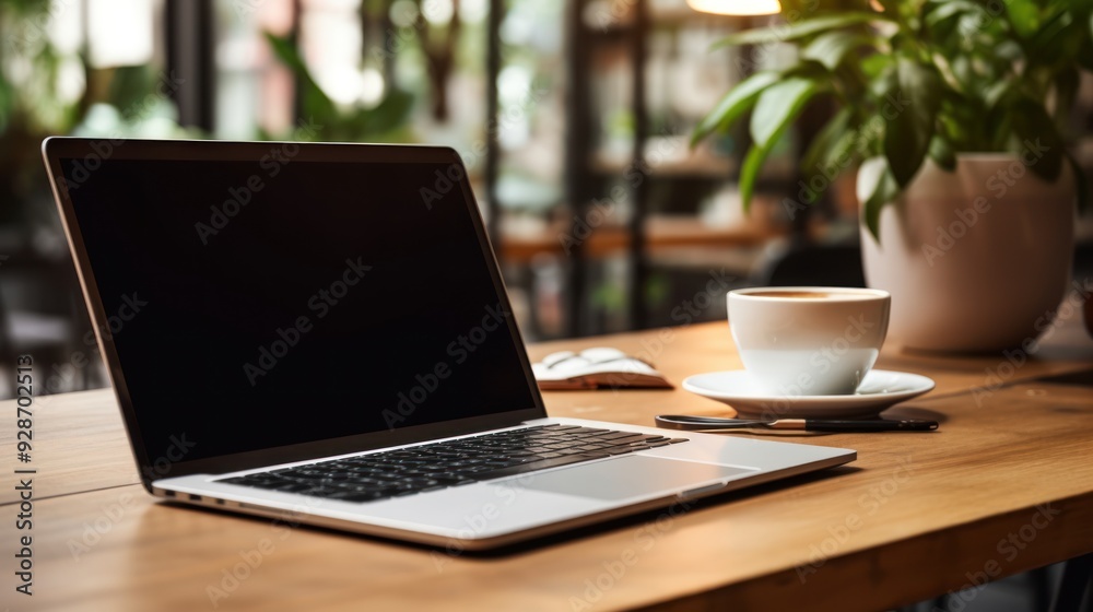 a laptop, coffee mug, and a notebook on a wooden desk Close-up a laptop, coffee mug, and a notebook on a wooden desk Close-up