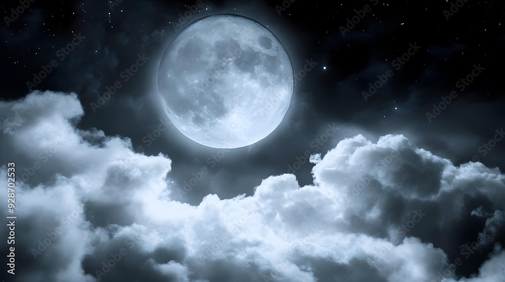 Obraz premium Full Moon Night Sky Clouds Stars