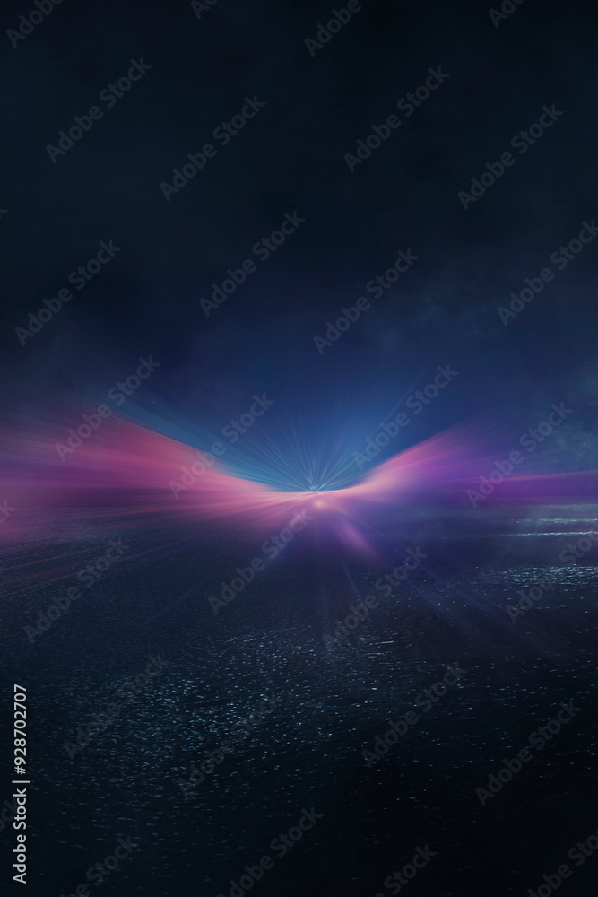 Dark street, wet asphalt, reflections of rays in the water. Abstract dark blue background, smoke, smog. Empty dark scene, neon light, spotlights. Concrete floor
