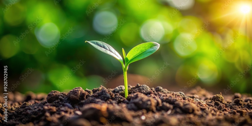 New Life Sprouts Through the Soil, Closeup, Green Leaves, Sunshine, Soil, Plant, Growth New Life Sprouts Through the Soil, Closeup, Green Leaves, Sunshine, Soil, Plant, Growth
