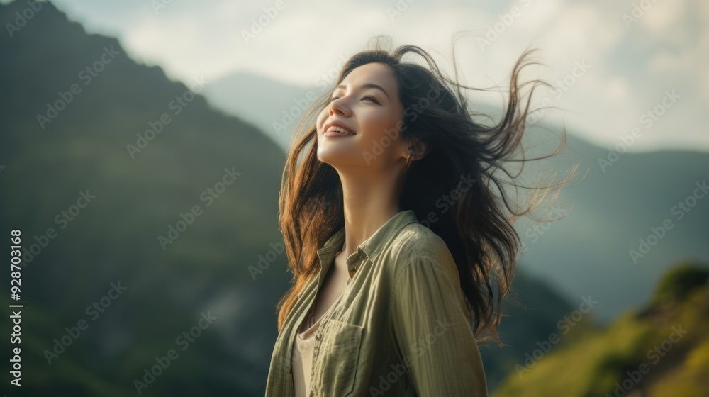 A woman enjoys the fresh breeze while standing A woman enjoys the fresh breeze while standing