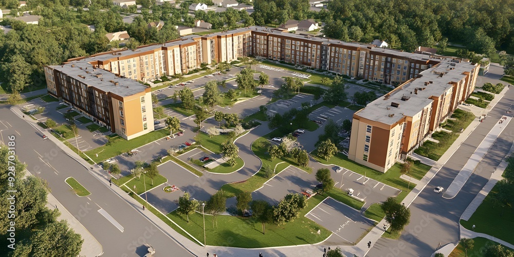 Fototapeta premium Aerial View of a Modern Apartment Complex with Green Space and Parking